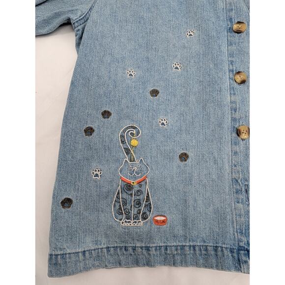 Vintage Y2K Christopher & Banks Chambray Kitty Cat Women's Medium Button Up - Picture 10 of 10
